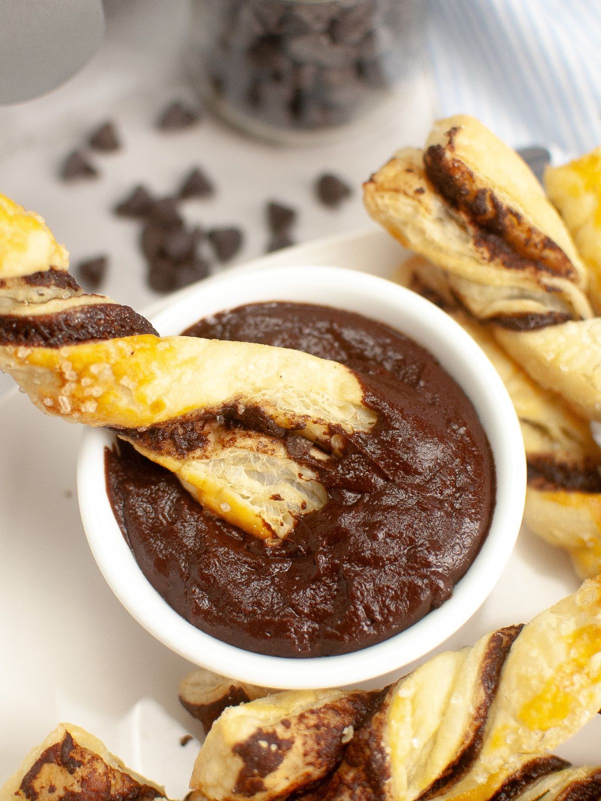twists dipped in chocolate sauce