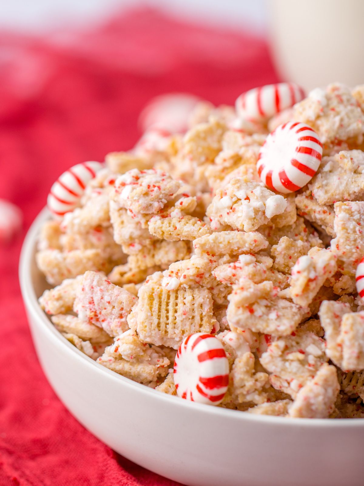 Candy Cane Chex Mix with peppermints and white chocolate