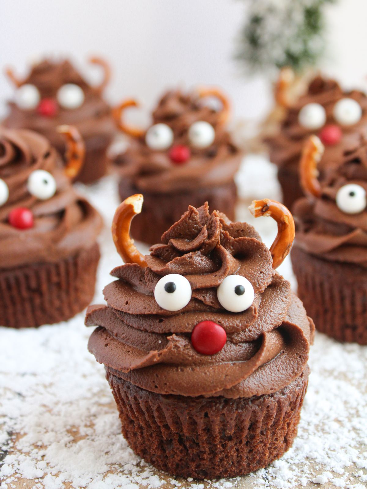 Chocolate Reindeer Cupcakes with candy faces