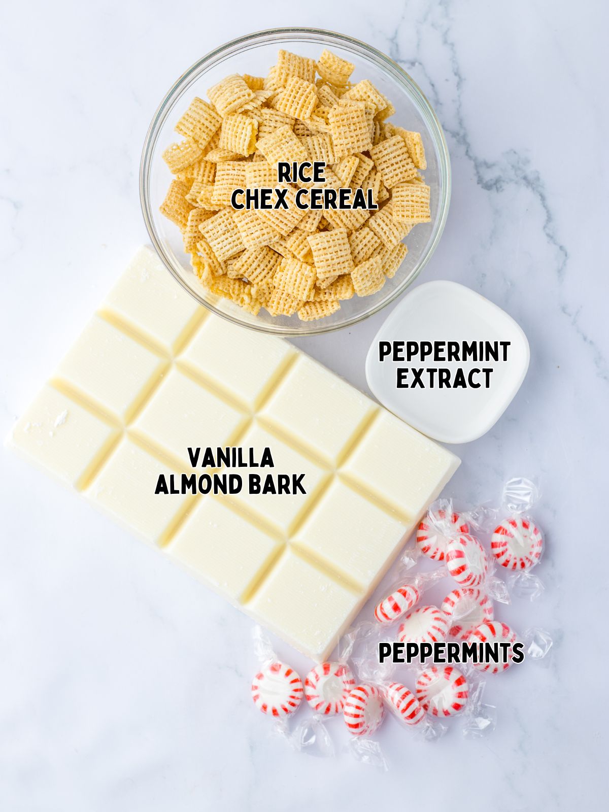 Ingredients for Candy Cane Chex Mix