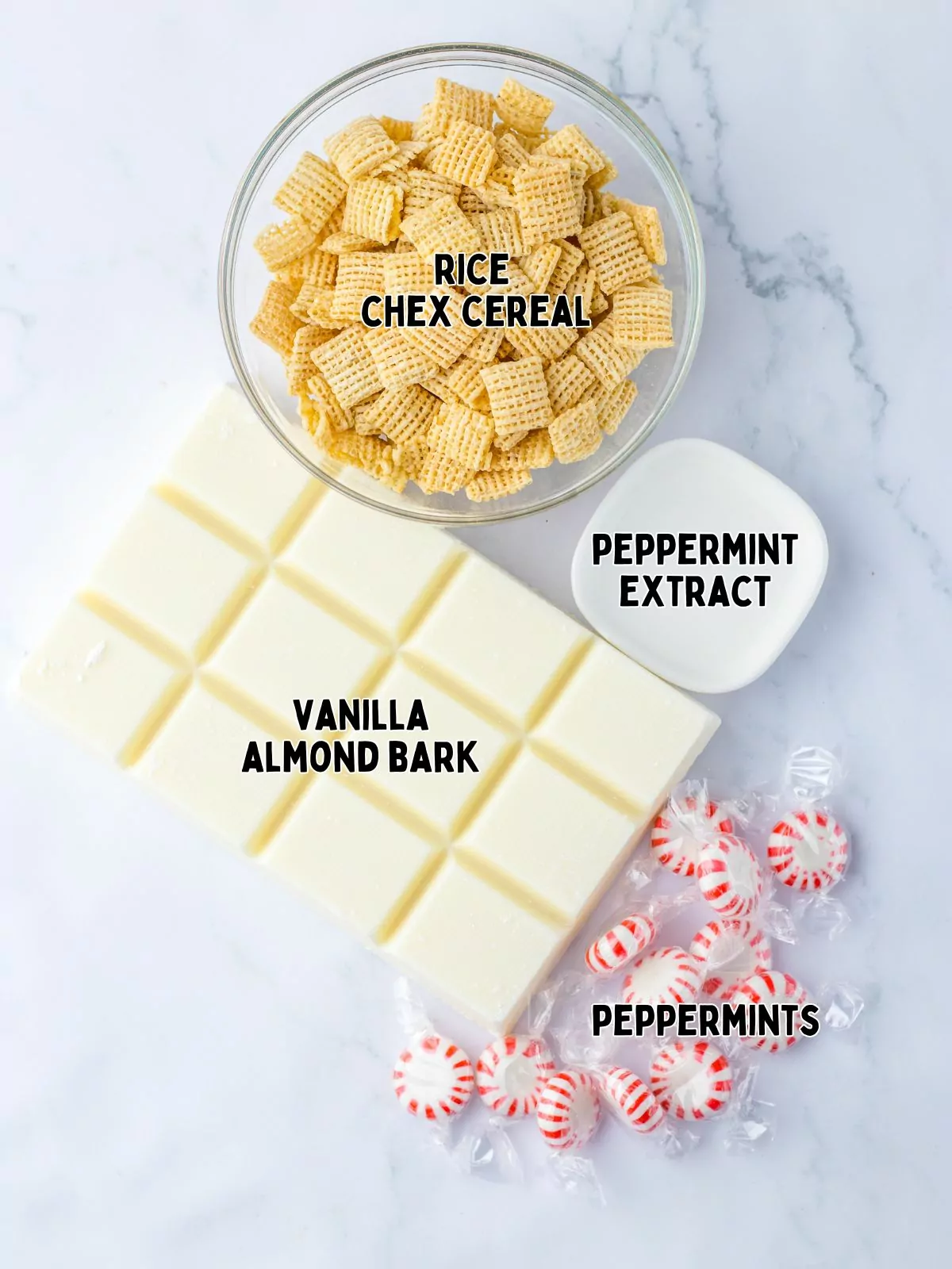 Ingredients for Candy Cane Chex Mix