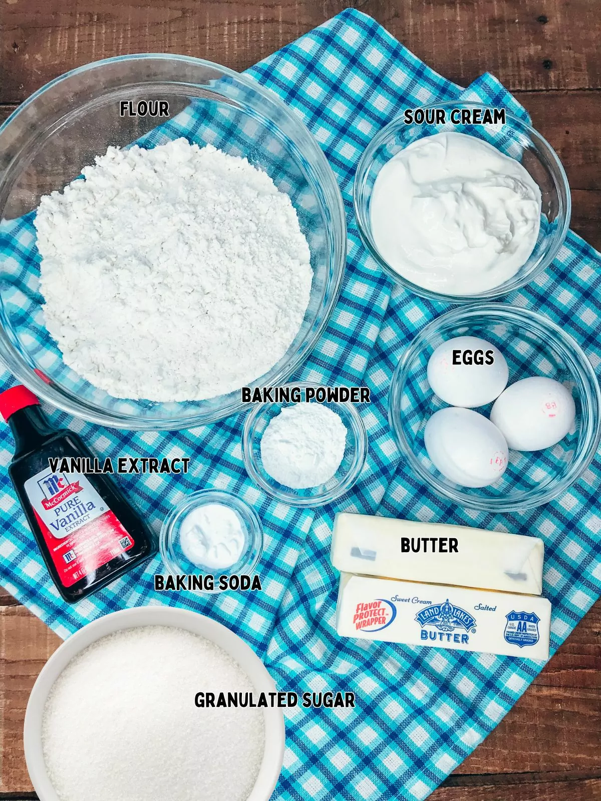 ingredients for chocolate chip sour cream coffee cake.