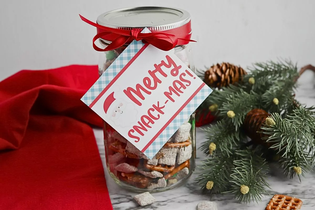 Merry Snackmix mason jar gift with label.