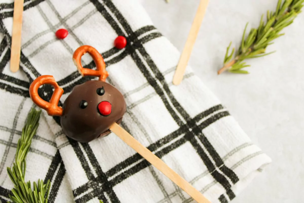 Reindeer Cake Pop on a black and white plaid towel