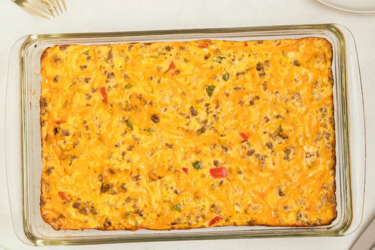 baked casserole with peppers, sausage, eggs and sour cream MSN.