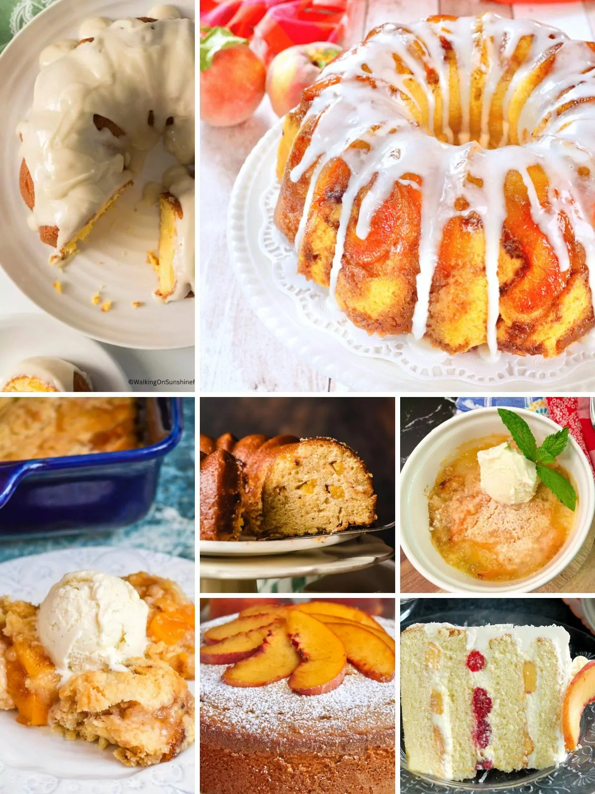 collage of peach cake recipes