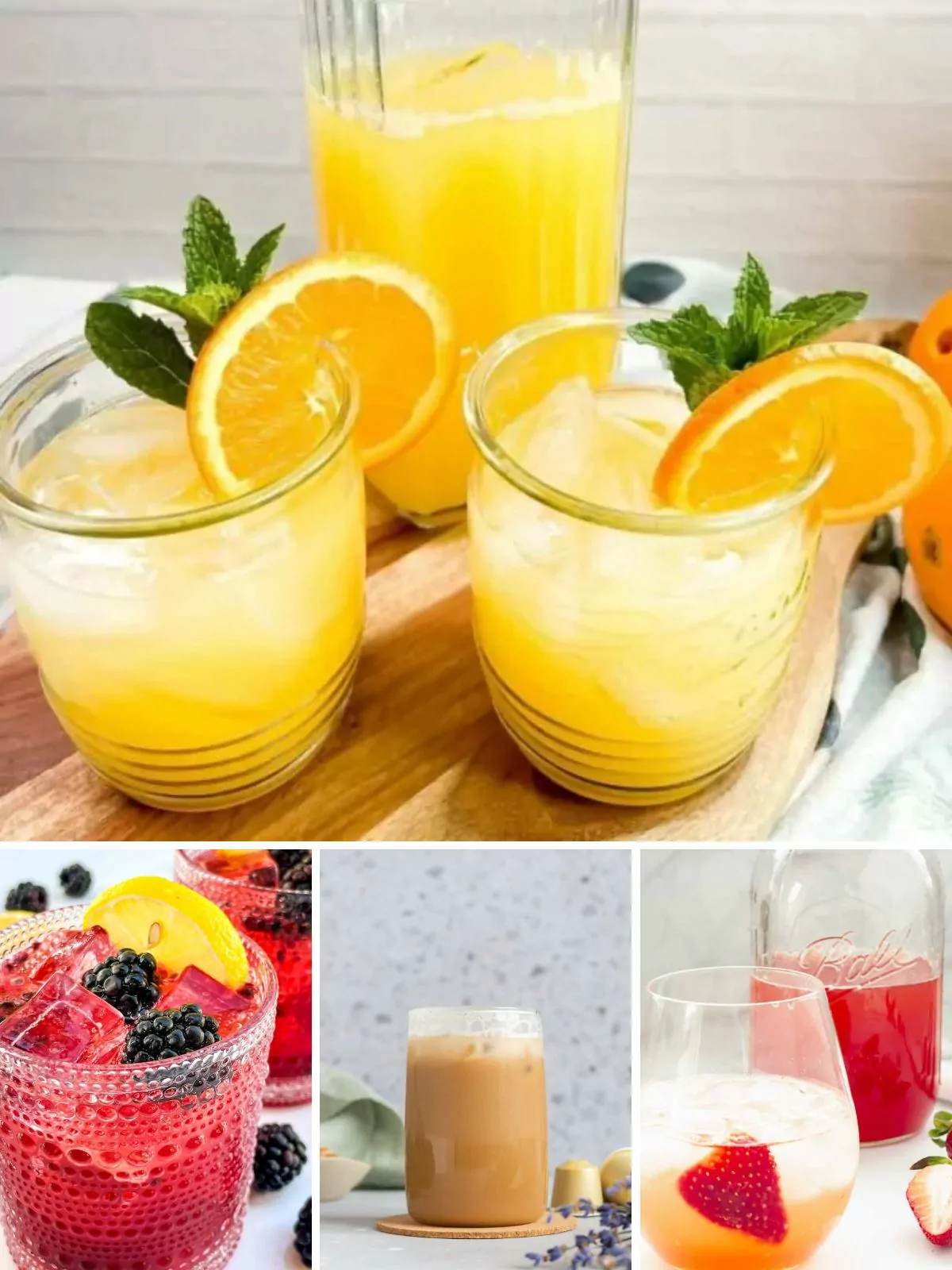 Collage of 5 non alcoholic brunch drinks