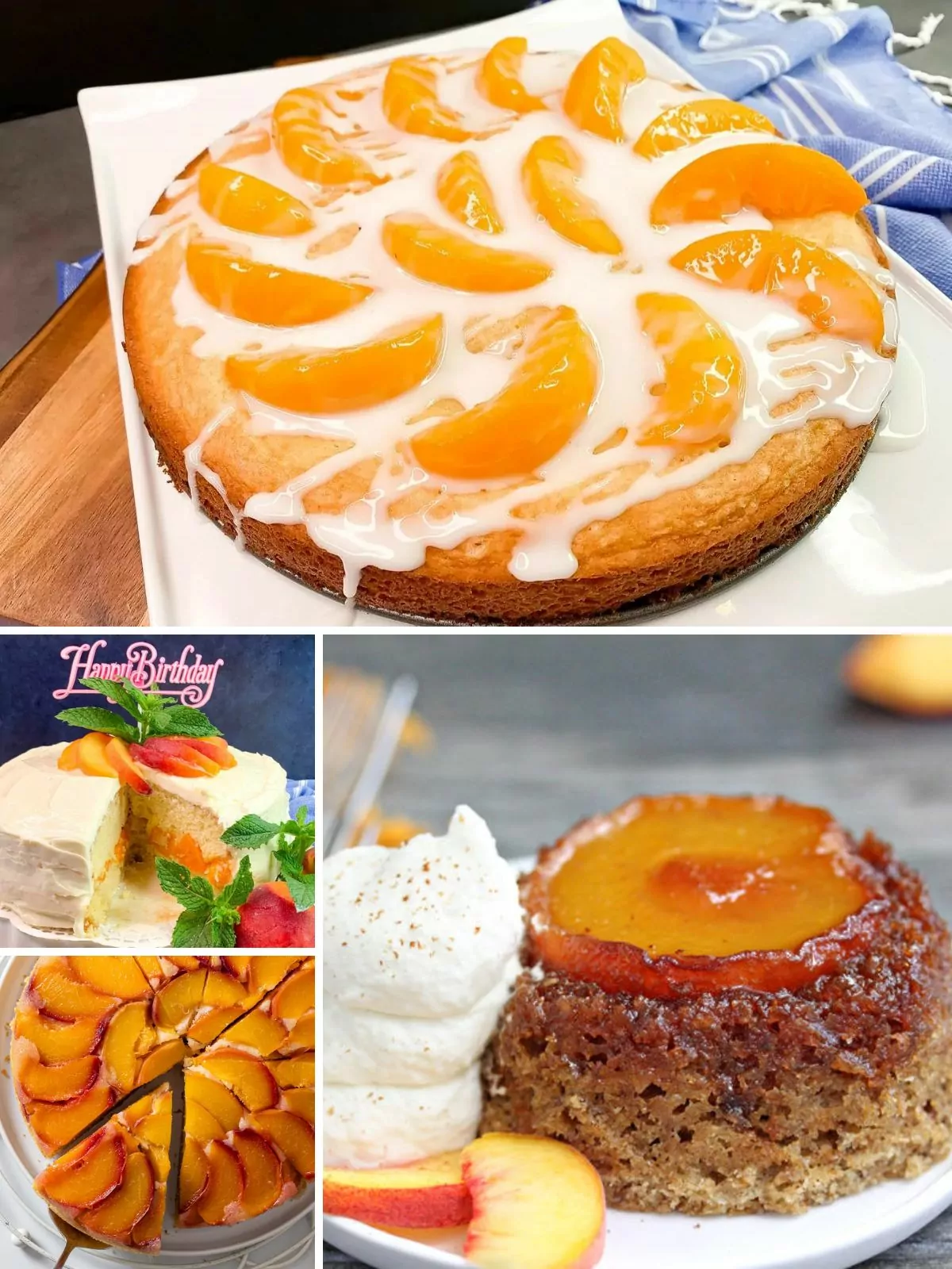 collage of peach cake recipes