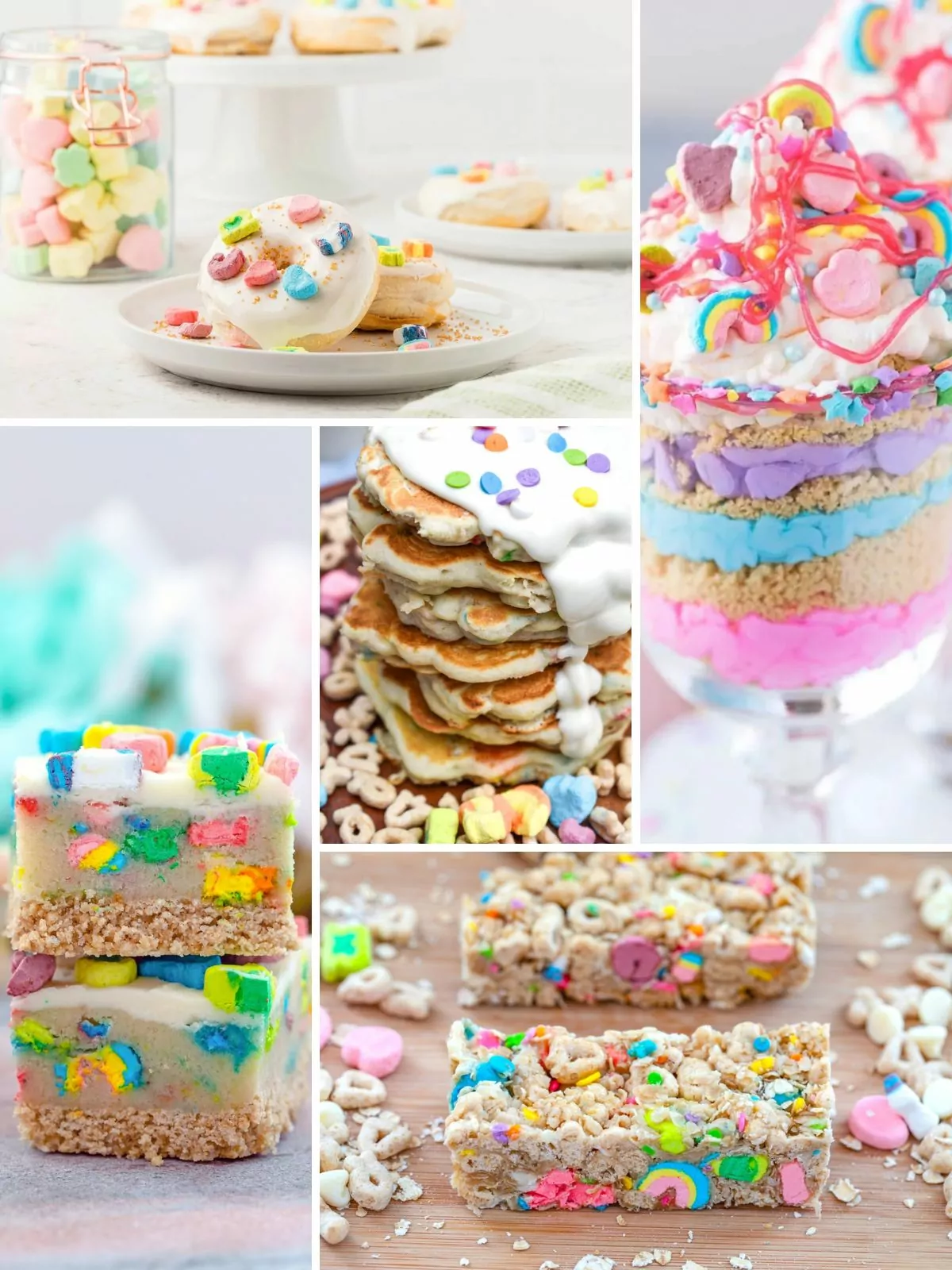 collage of pastel rainbow Lucky Charms Dessert Recipes