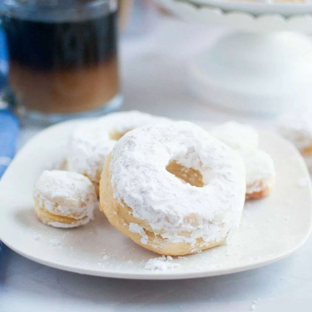 Air Fryer Biscuit Donuts and donut holes with Powdered Sugar