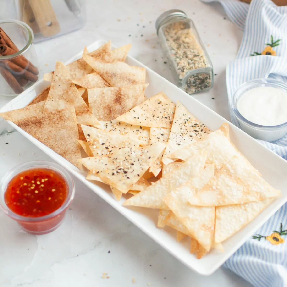 Air Fryer Wonton Chips with dipping sauces