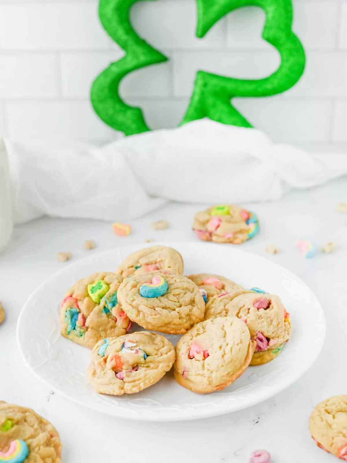 Magical Marshmallow Cookies with a shamrock decoration in the background