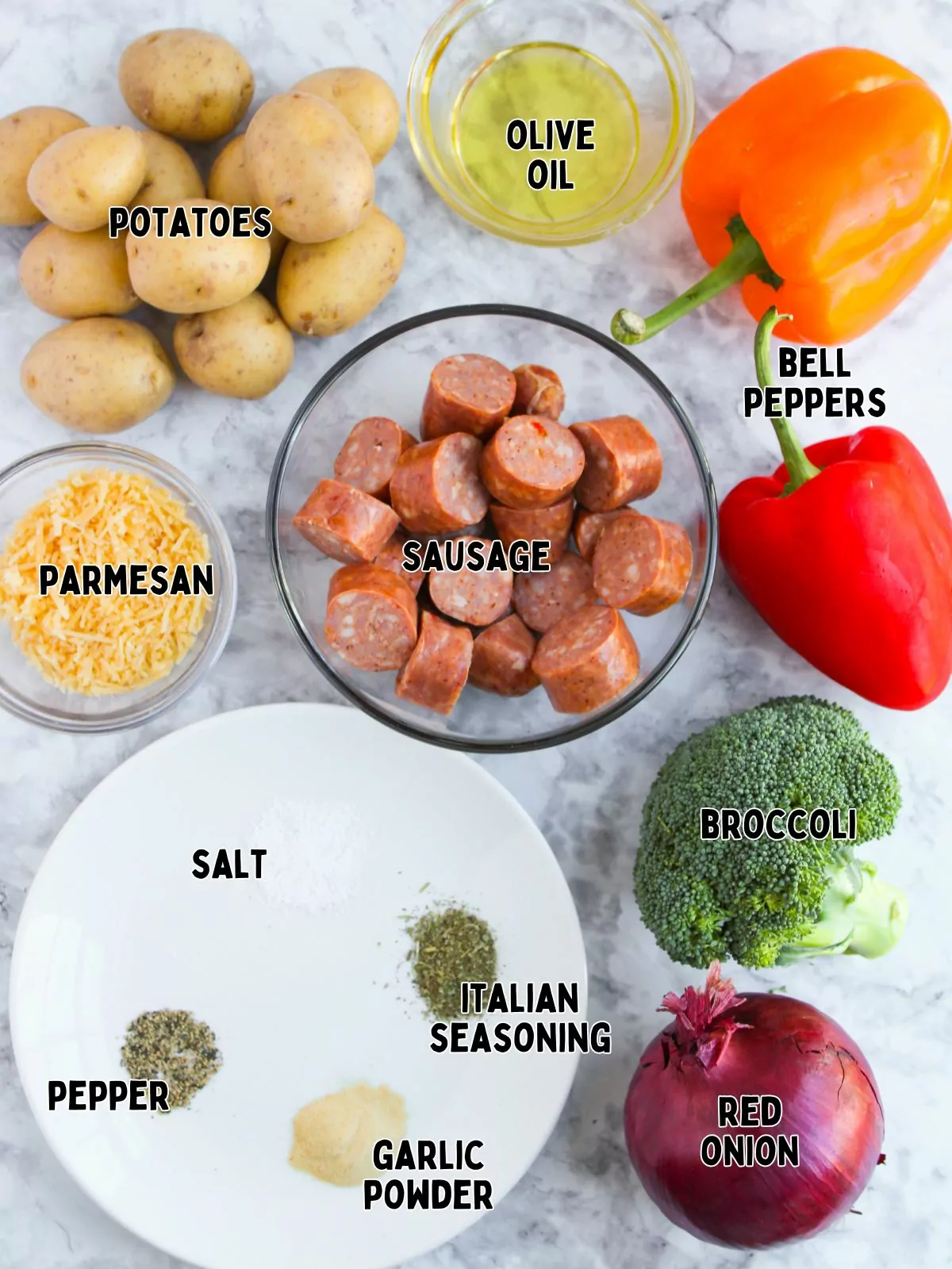 Ingredientes for Sheet Pan Sausage and Vegetables