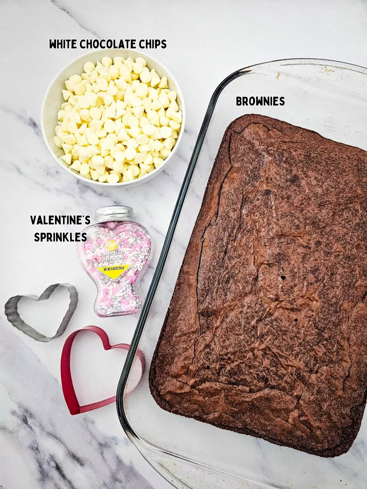 Ingredients Heart shaped brownies and cookie cutters.