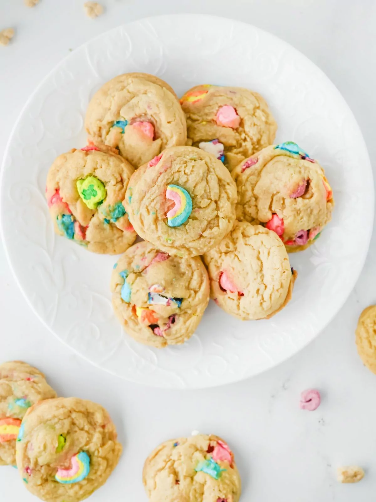 overhead view of Magical Marshmallow Cookies served on a white plate