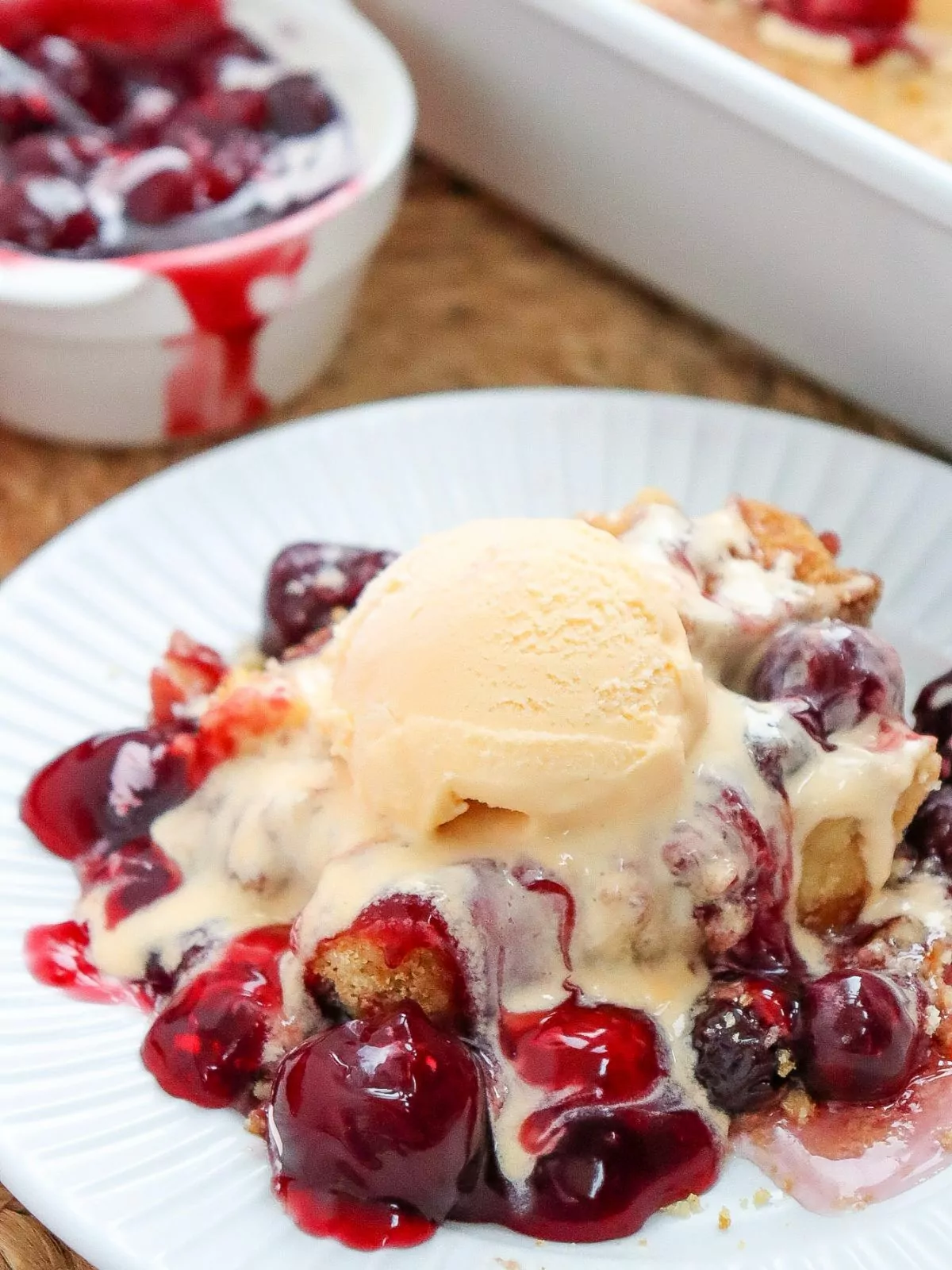 cherry dump cake served with ice cream