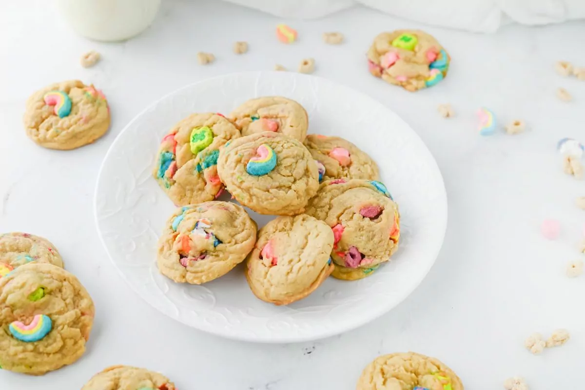 Cookies with Lucky Charms marshmallows served on a white plate