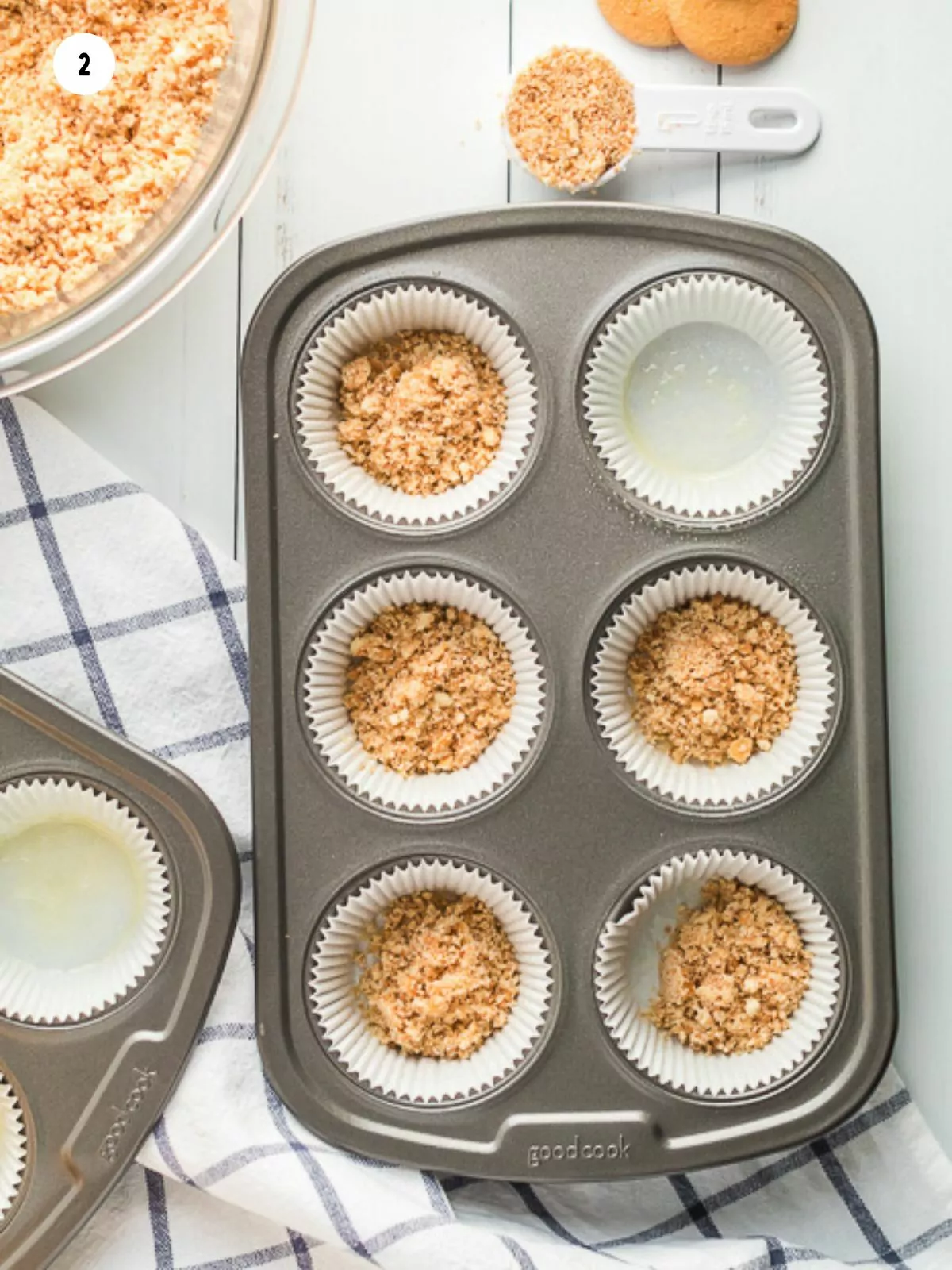 cookie crumbs in paper muffin tins.