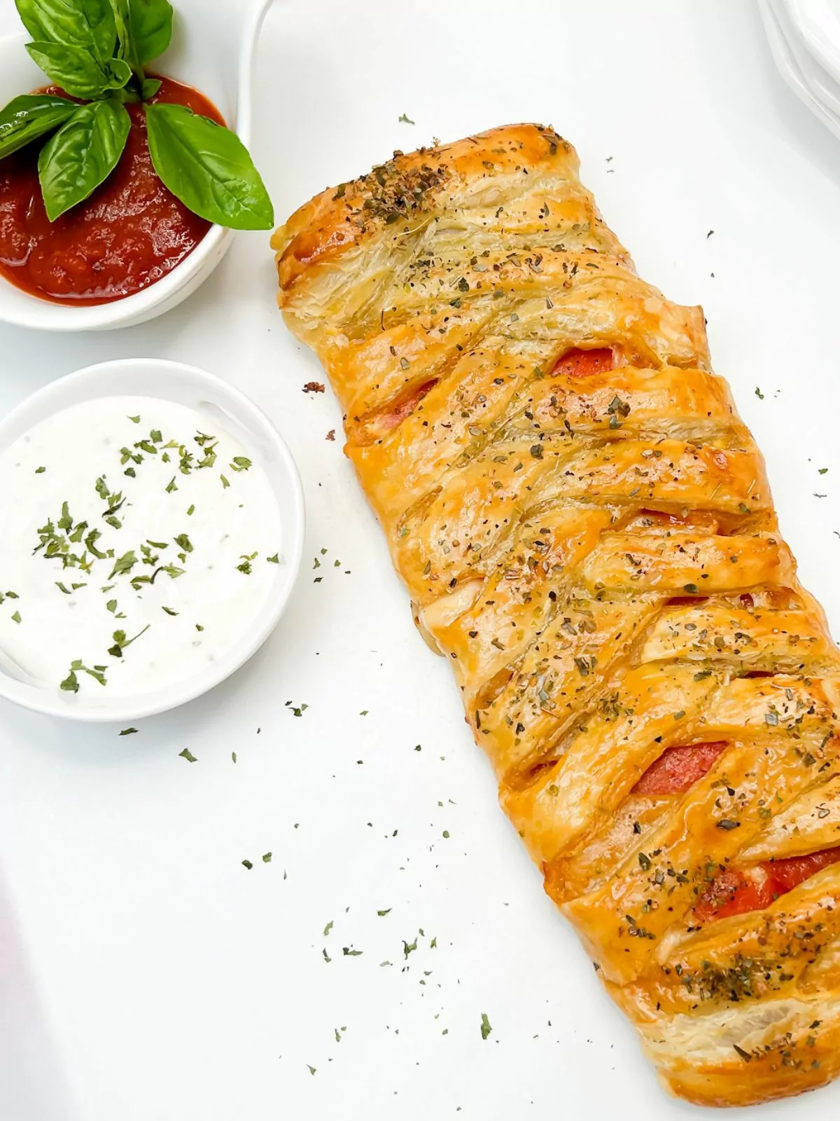 Puff Pastry Pizza Braid served with dips