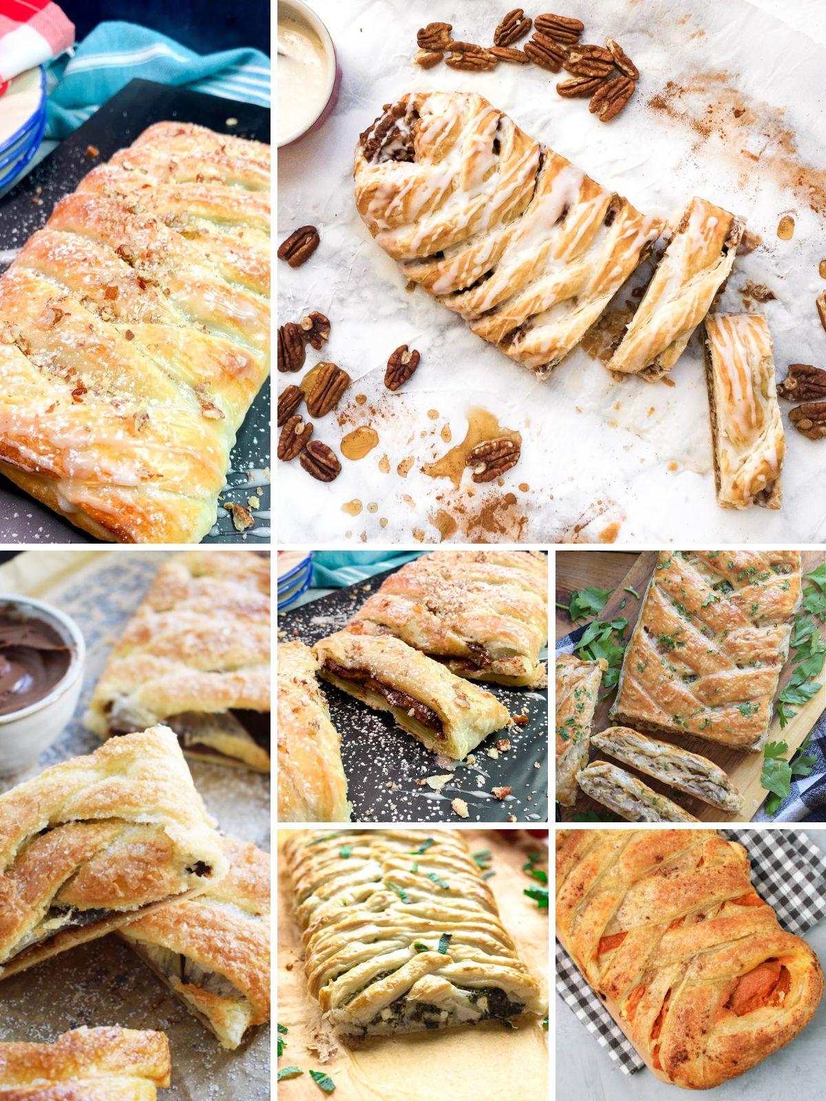 Puff pastry braids filled with sweet and savory ingredients.