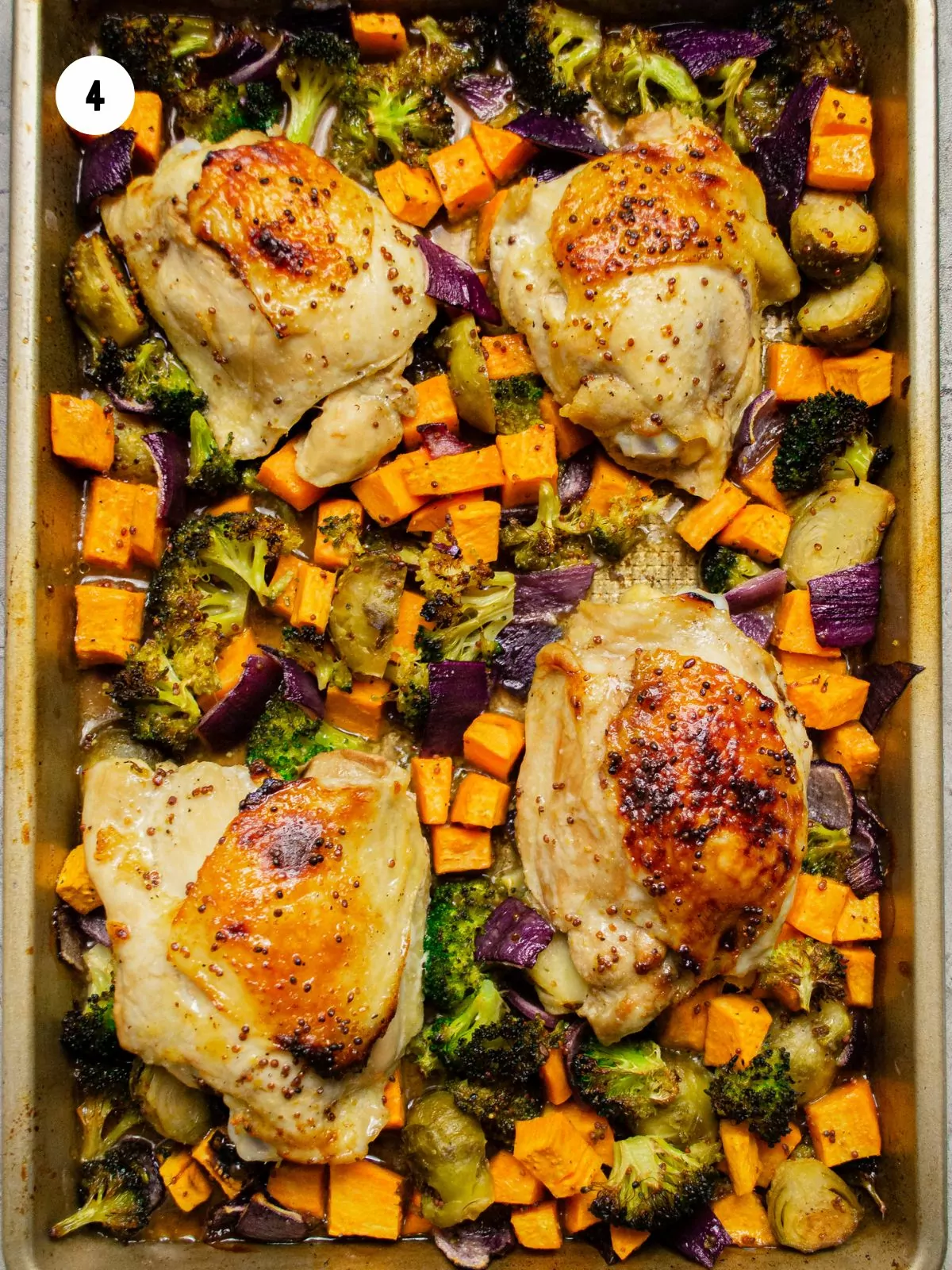 baked chicken and vegetables on a sheet pan