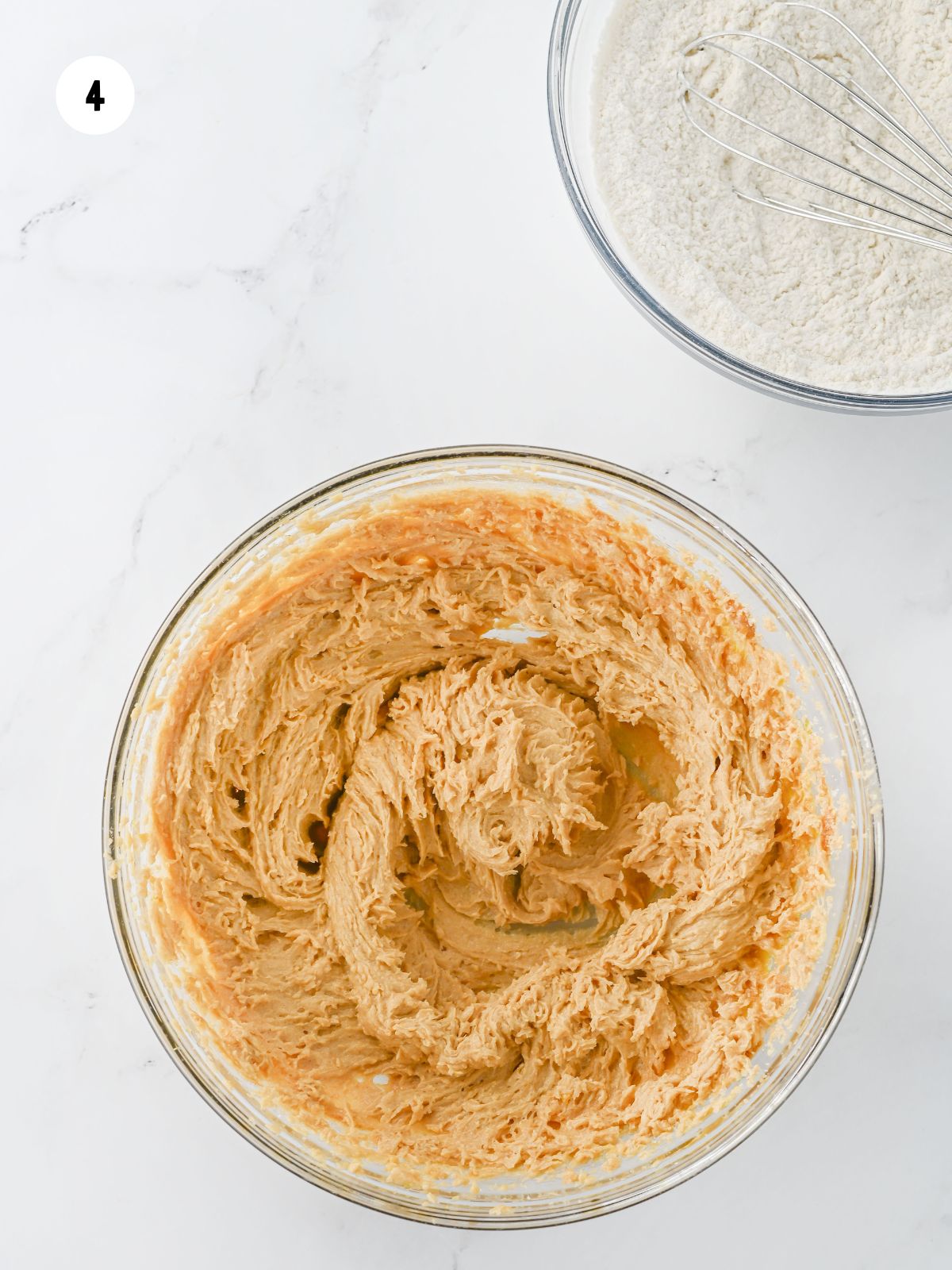 peanut butter mixture and flour mixture in another bowl