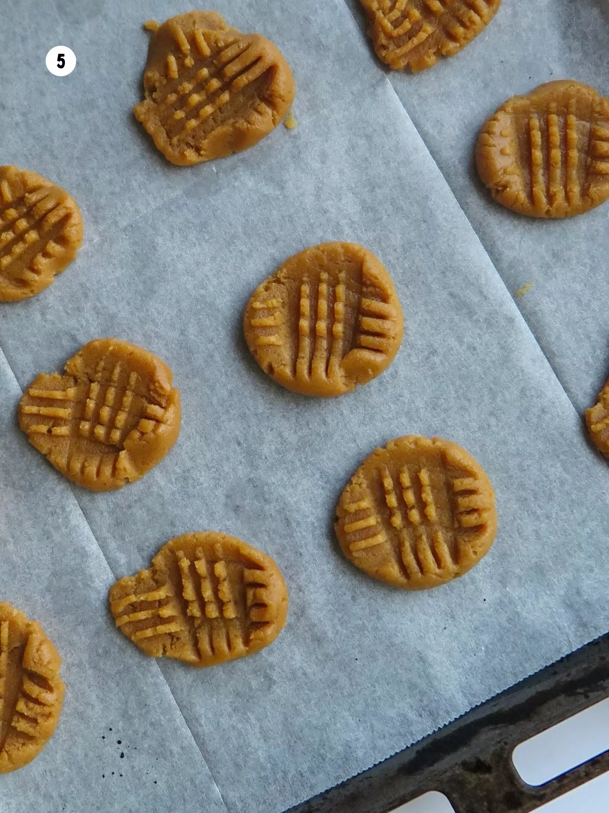 cookie dough with a criss cross pattern pressed into them