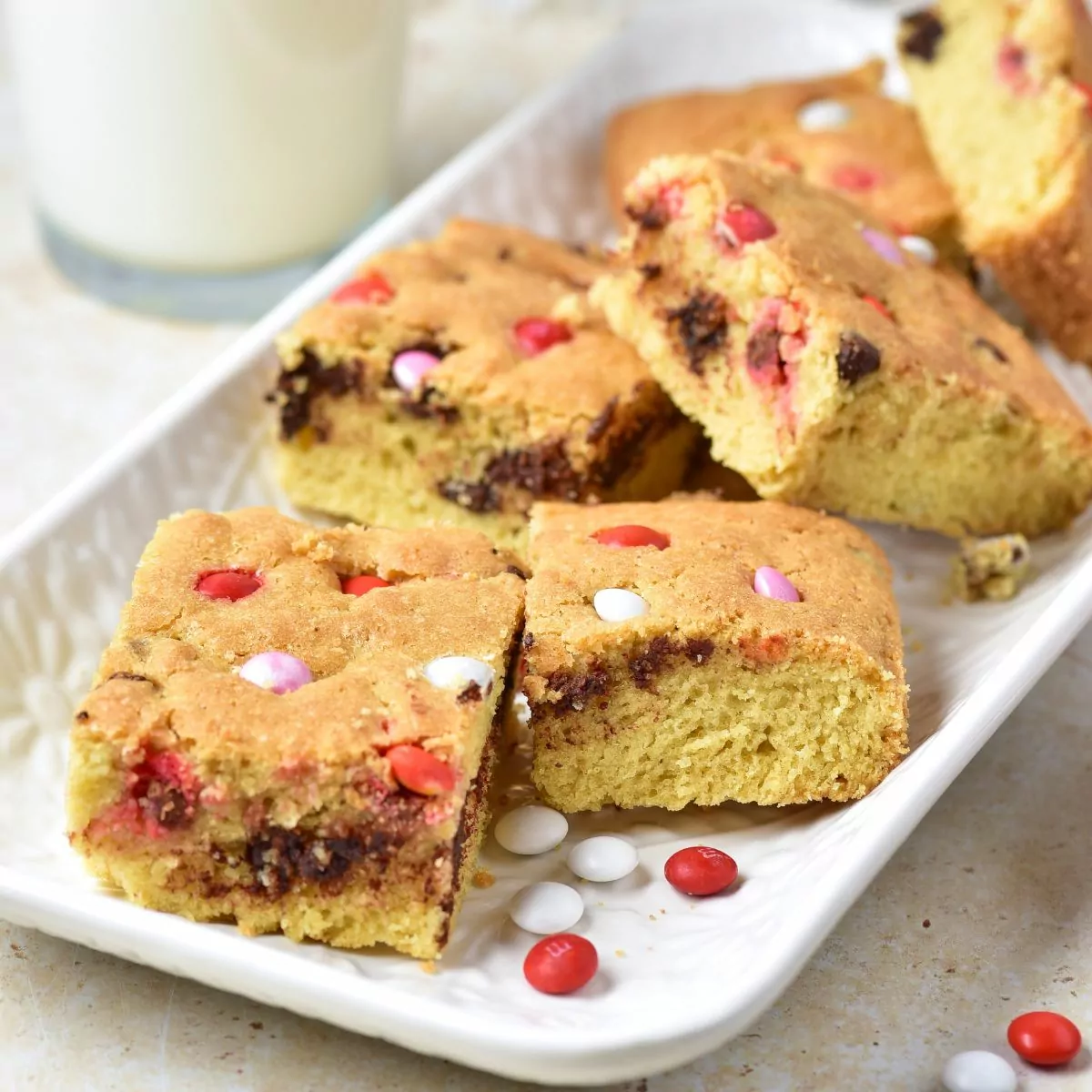 Valentine's Day Bar Cookies with pink red and white M&M's