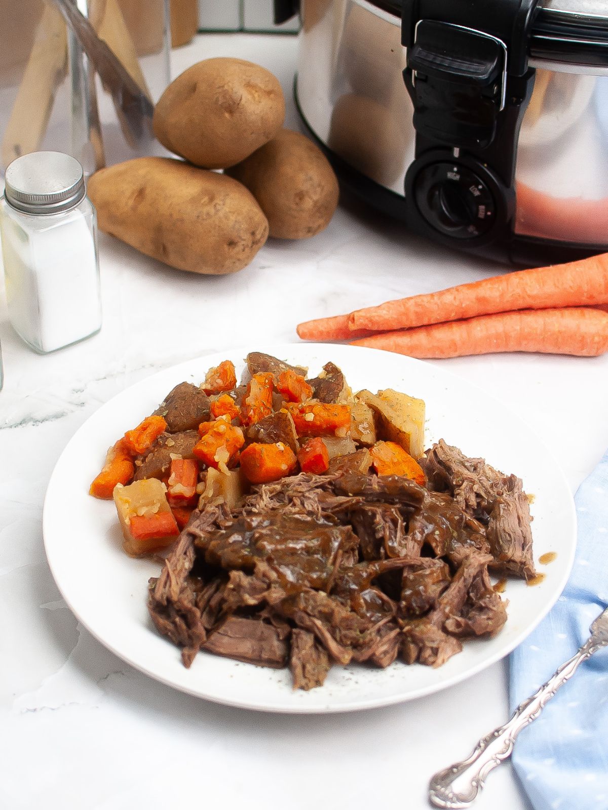 Pot Roast with Potatoes and Carrots with a slow cooker and whole potatoes and carrots in the background