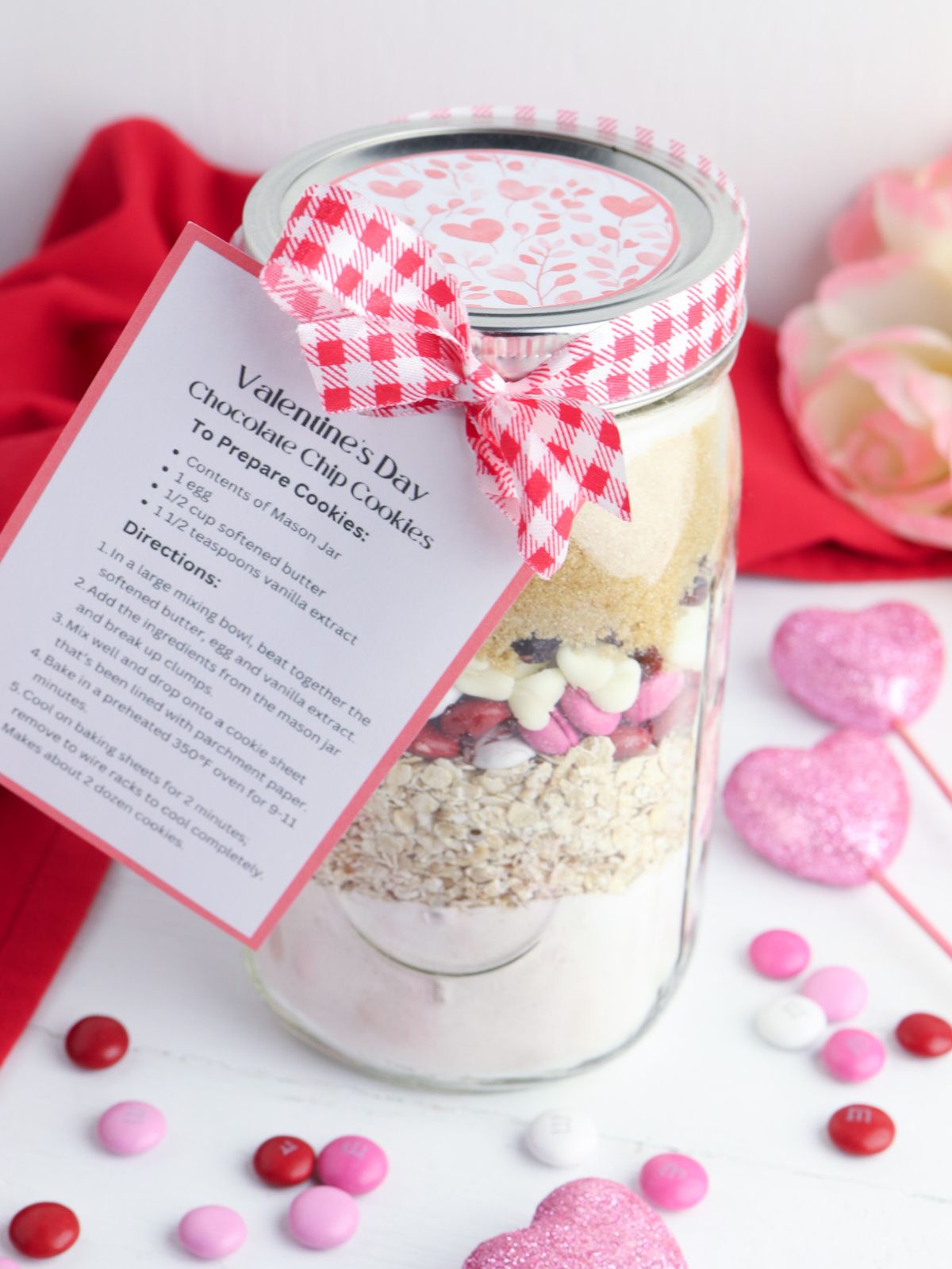 Valentine's Day Cookie Mix in a Jar with recipe tag and ribbon