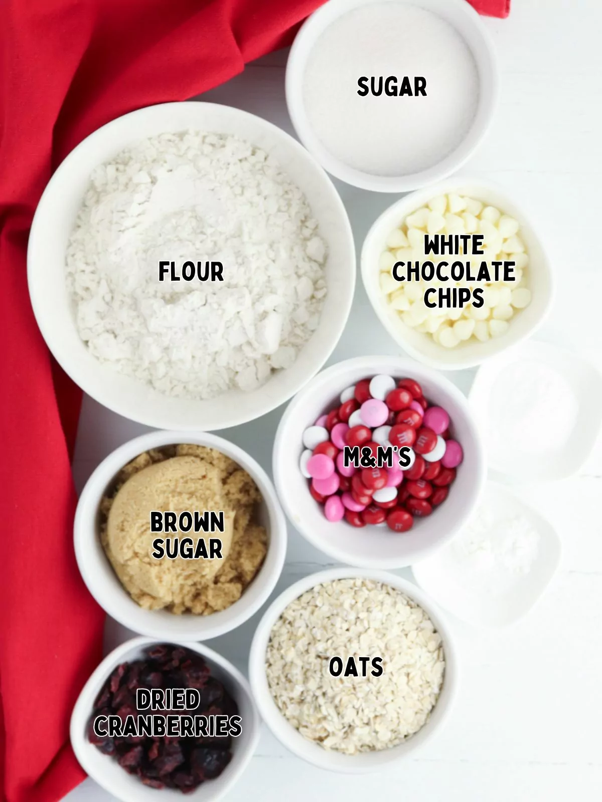 Ingredients for Valentine's Day Cookie Mix in a Jar