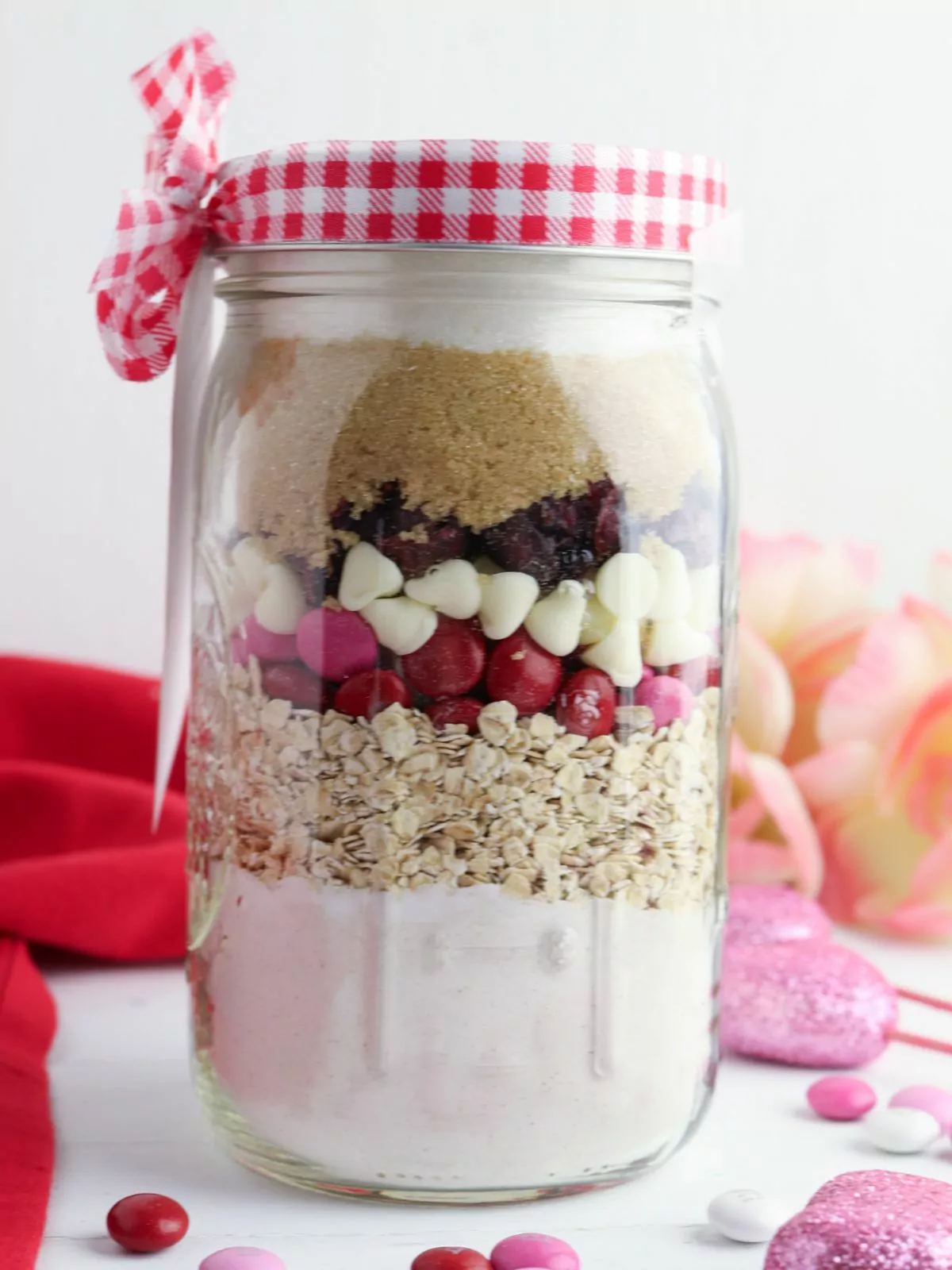 layered dry ingredients to make Valentine's Day Cookies in a Jar