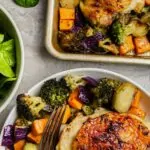 Sheet pan filled with roasted veggies and chicken thighs at the top and it served on a plate on the bottom of the photo