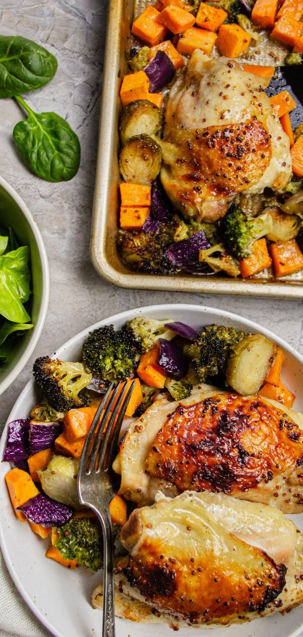 Sheet pan filled with roasted veggies and chicken thighs at the top and it served on a plate on the bottom of the photo