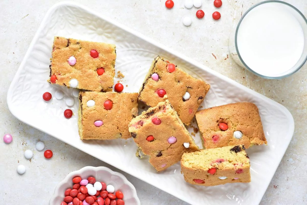 rectangle platter of chocolate chip cookie bars with Valentine's Day M&M's