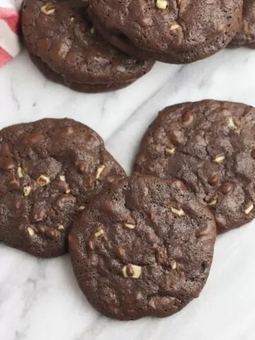 3 cookies made from boxed brownie mix with Andes Mint Chips.