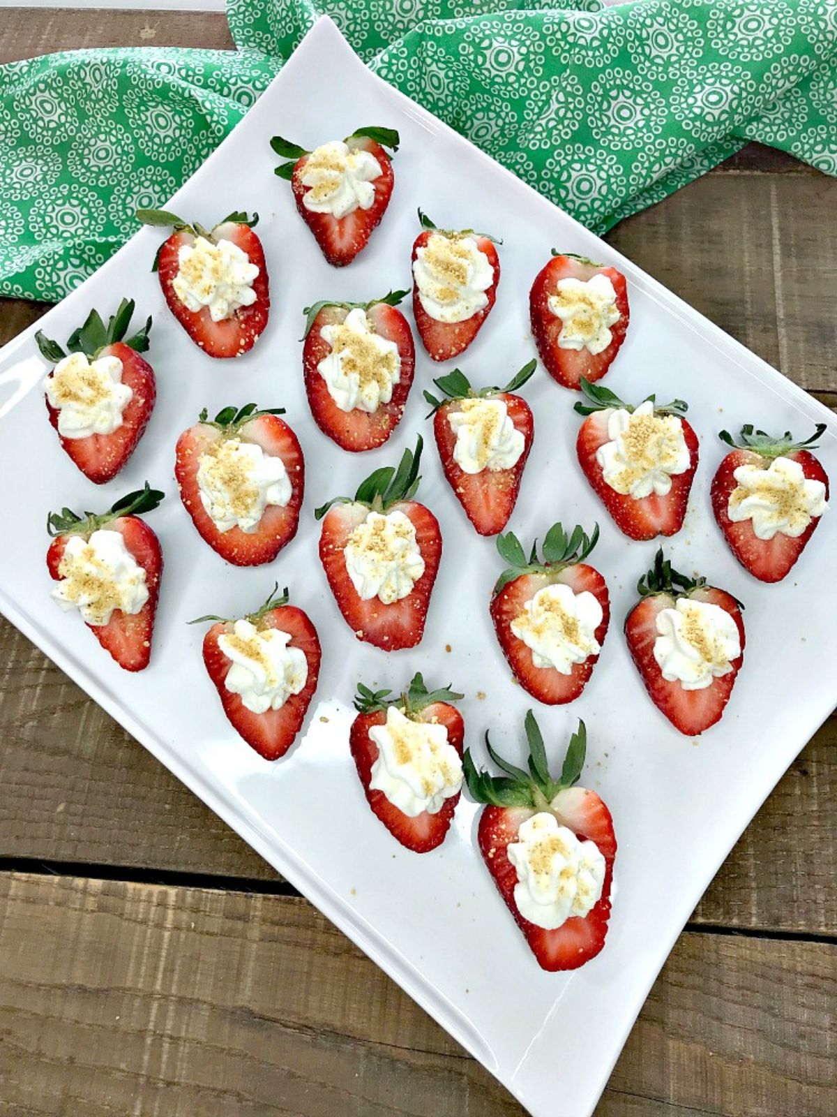 sliced strawberries stuffed with cheesecake filling made with Greek yogurt.