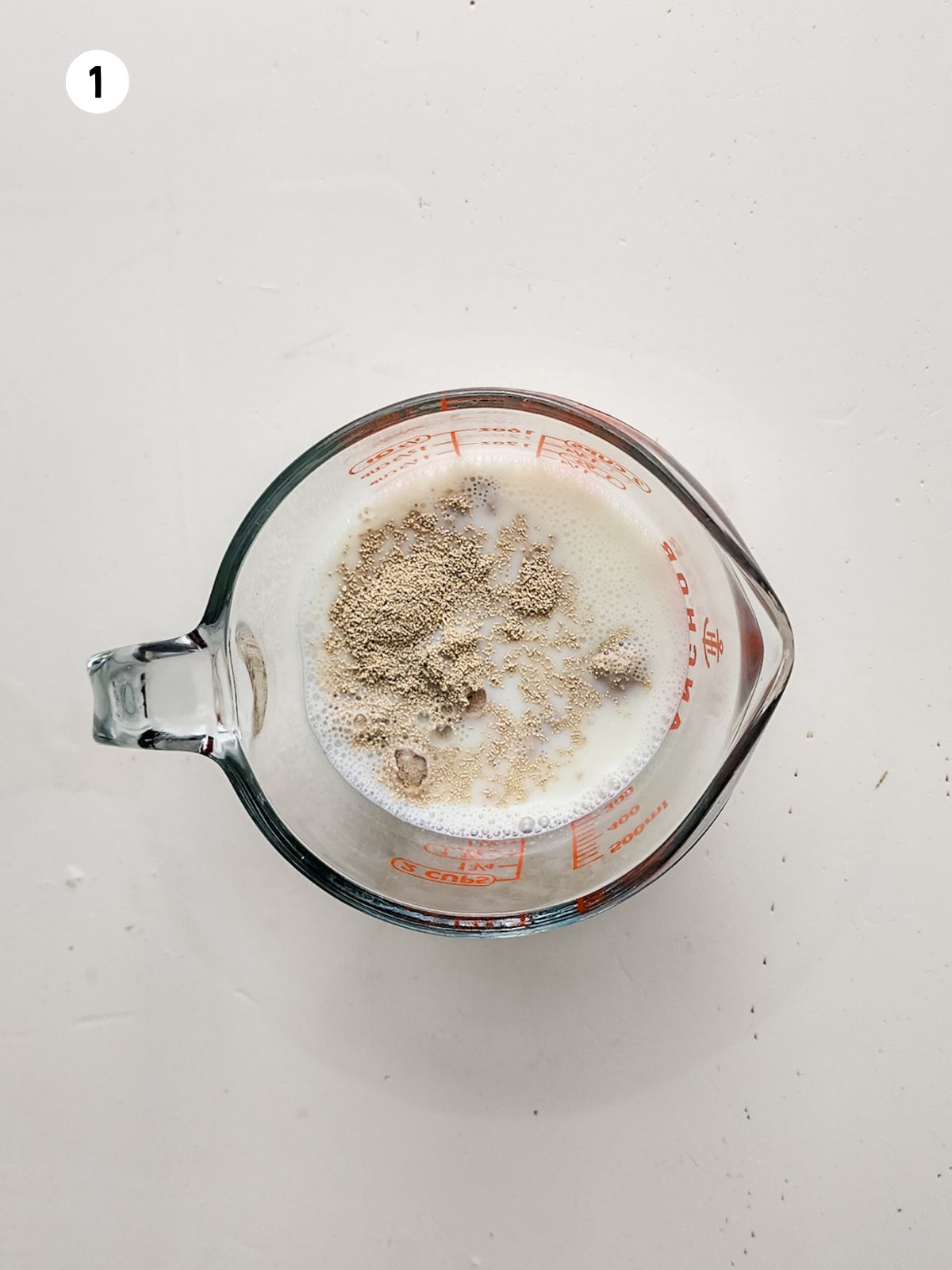 warm milk combined with yeast in a glass measuring cup