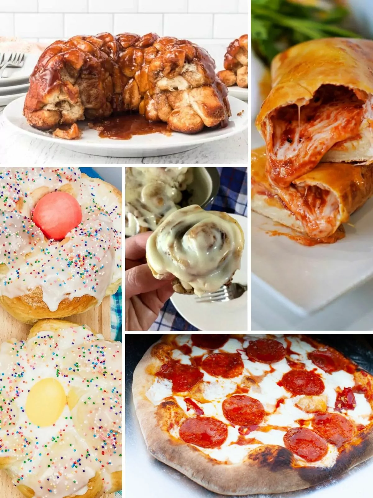 collage of recipes made with Rhodes Frozen Bread Dough