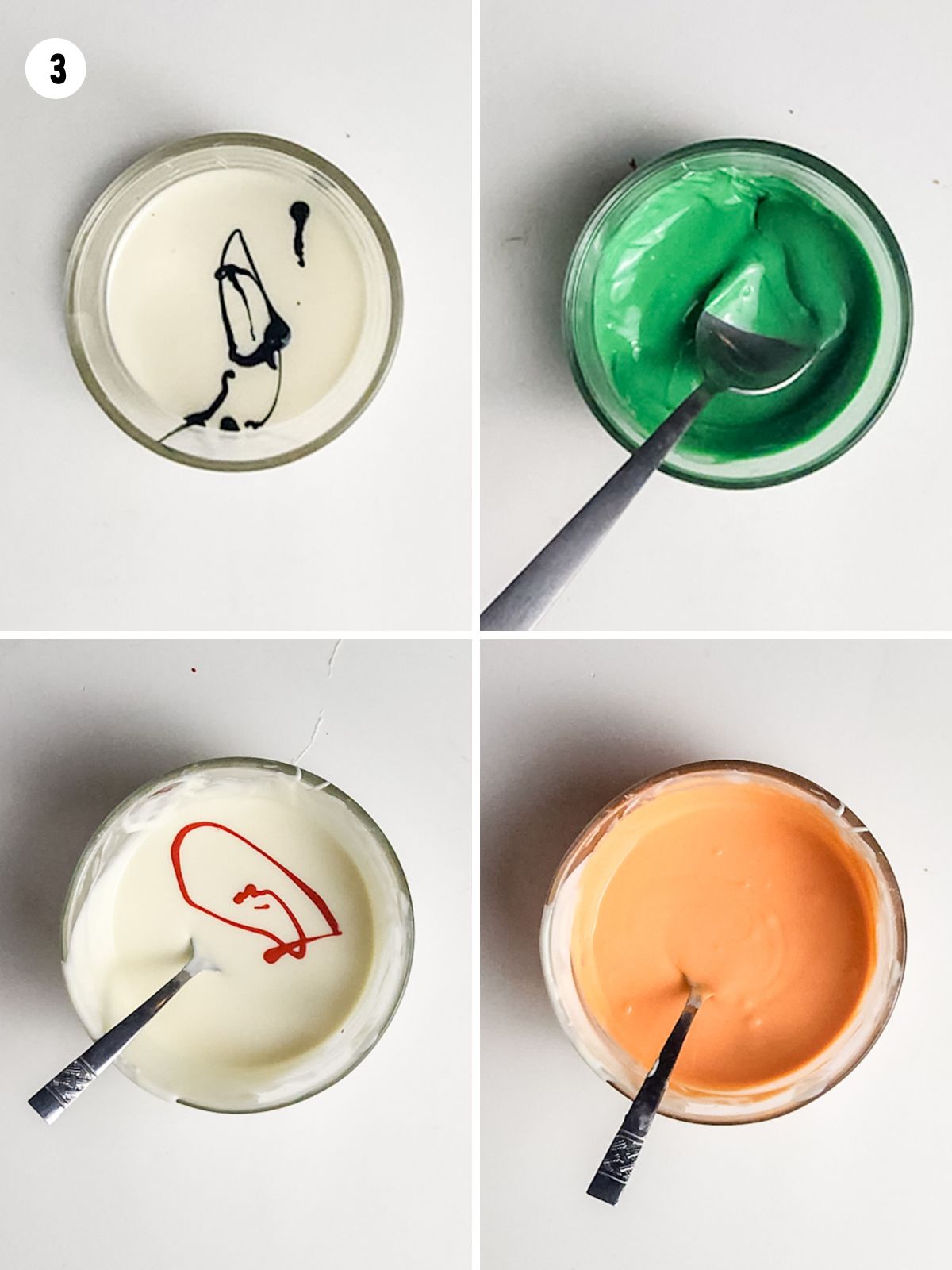 collage of photos dying a bowl of white chocolate green and another orange