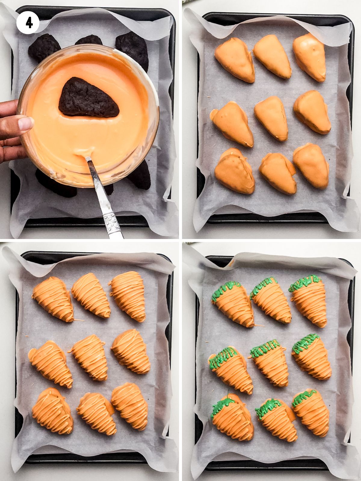 collage of brownies being dipped in orange chocolate and drizzled with green for the carrot tops