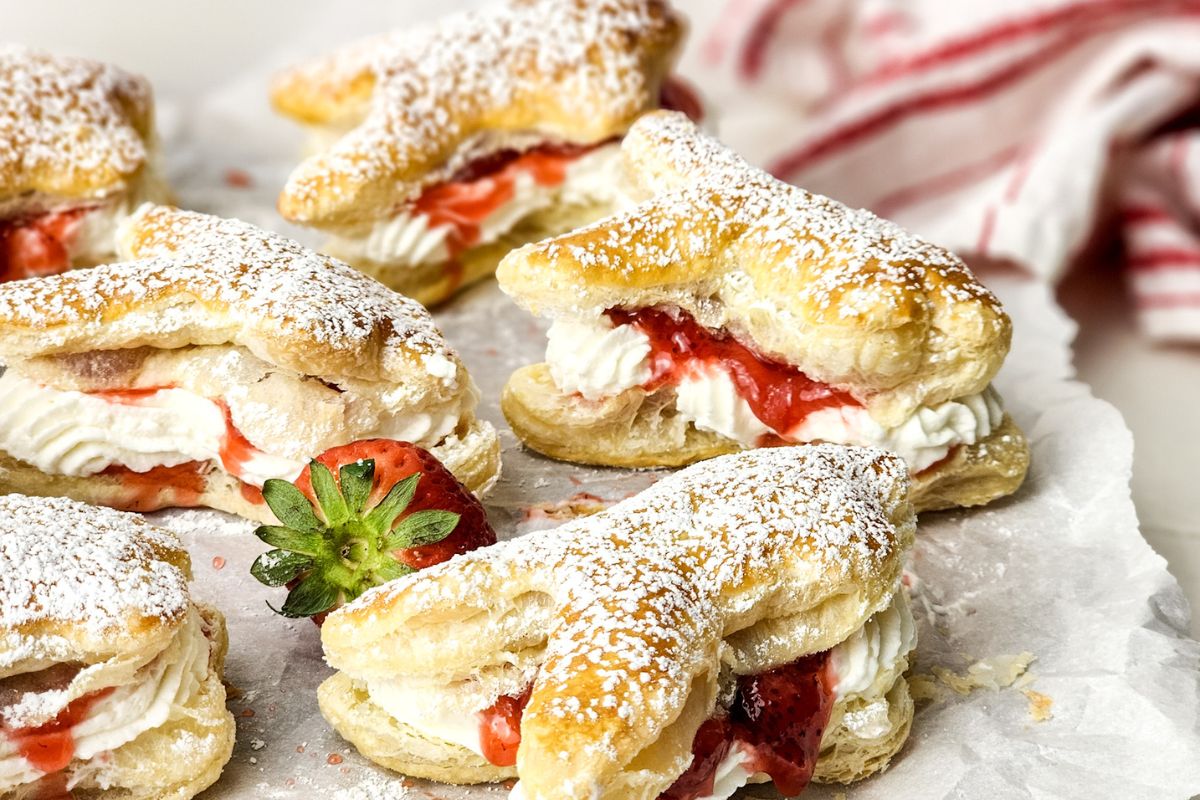 side view of Easter Bunny Puff Pastry filled with strawberries and whipped cream