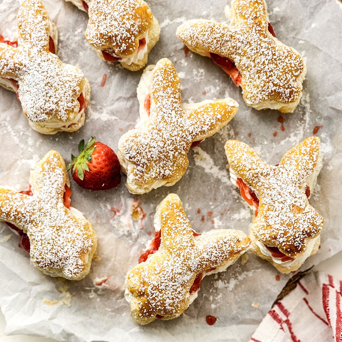 bunny shaped puff pastry filled with strawberries and cream