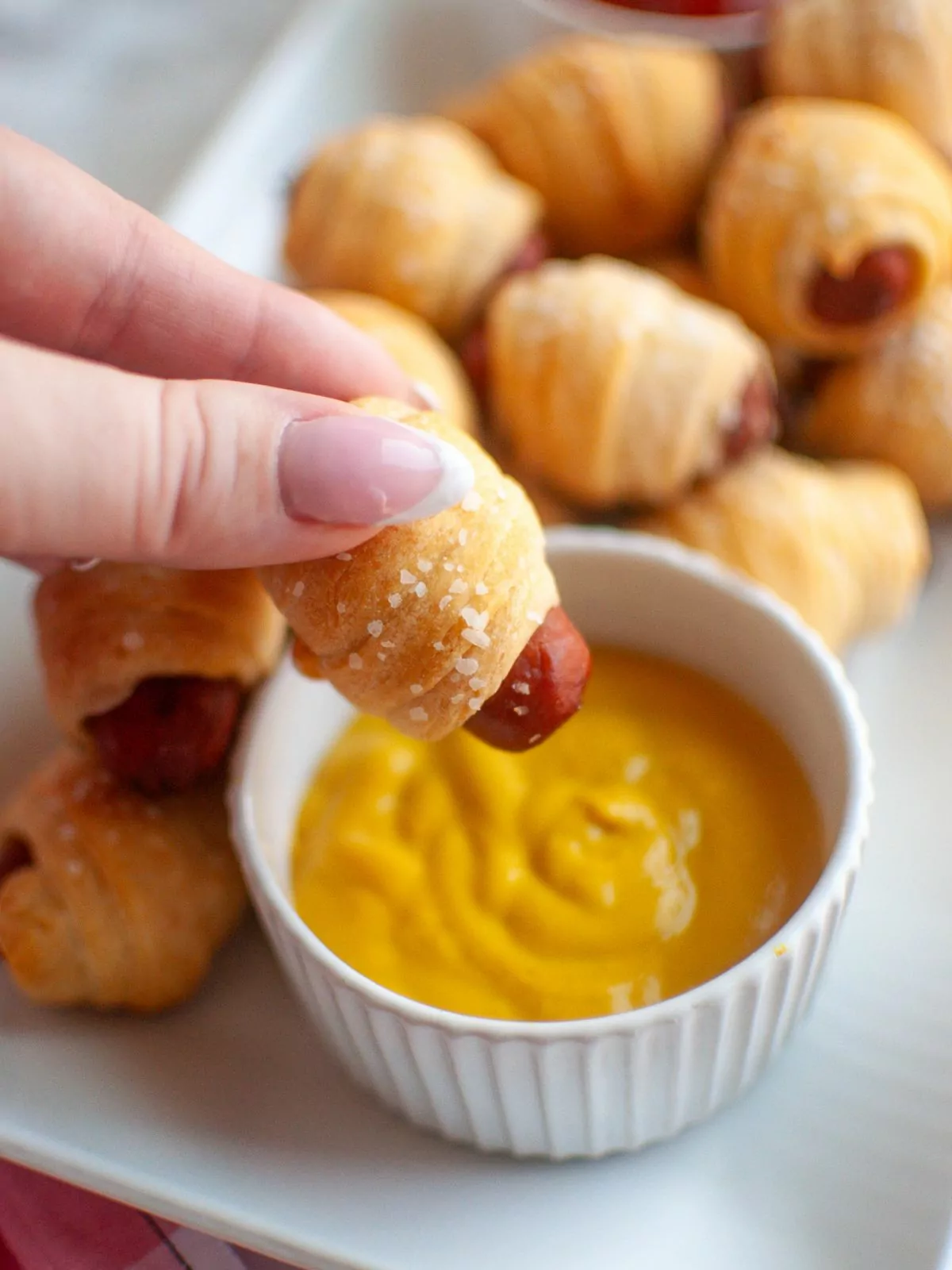 hand holding a pig in a blanket to dip into mustard