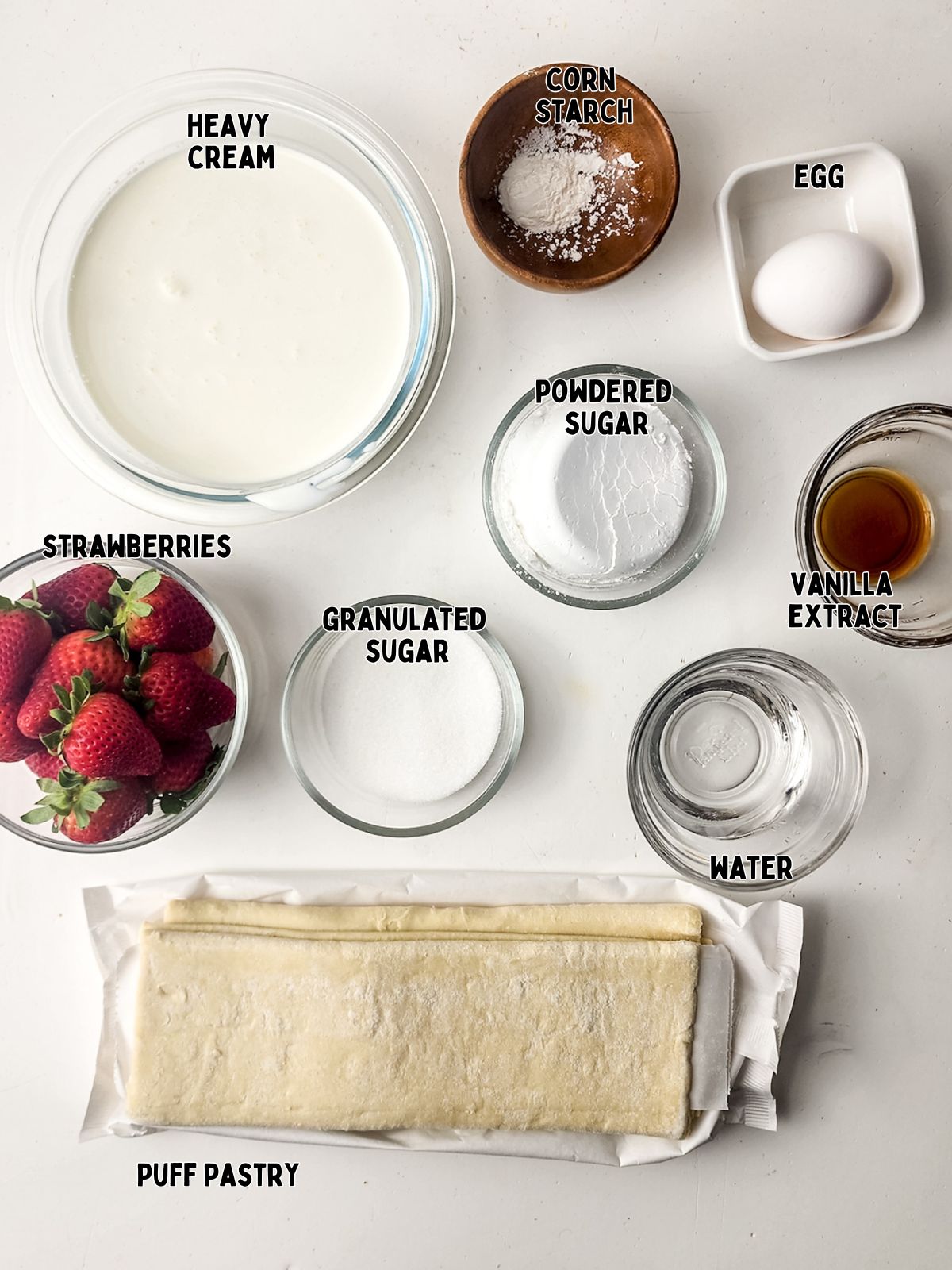 Ingredients for strawberries and cream puff pastry