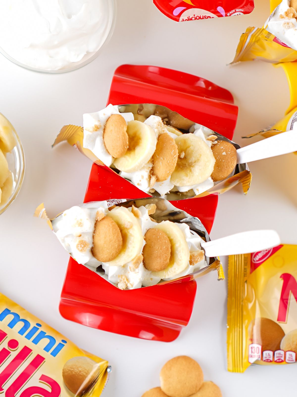 overhead view of banana puddings in a Nilla wafer bag.