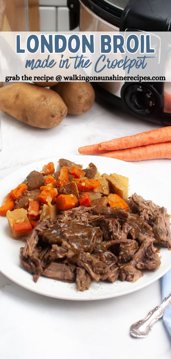 london broil served with potatoes and carrots on white plate.