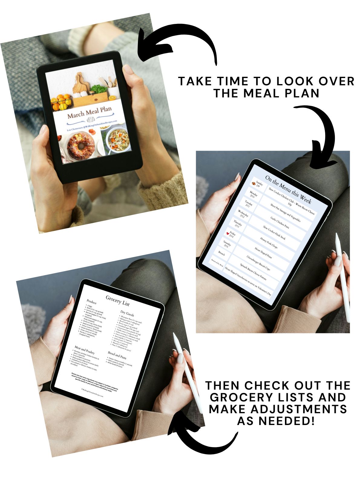 3 different photos of the March meal plan in tablets.