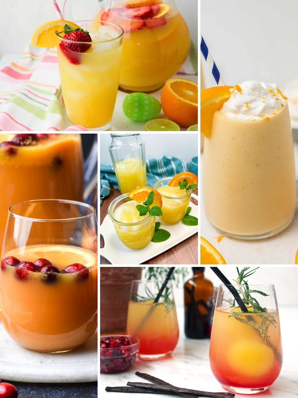 a collection of non alcoholic beverages made with orange juice.