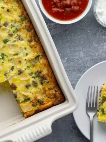 breakfast casserole served on plate with fork MSN.